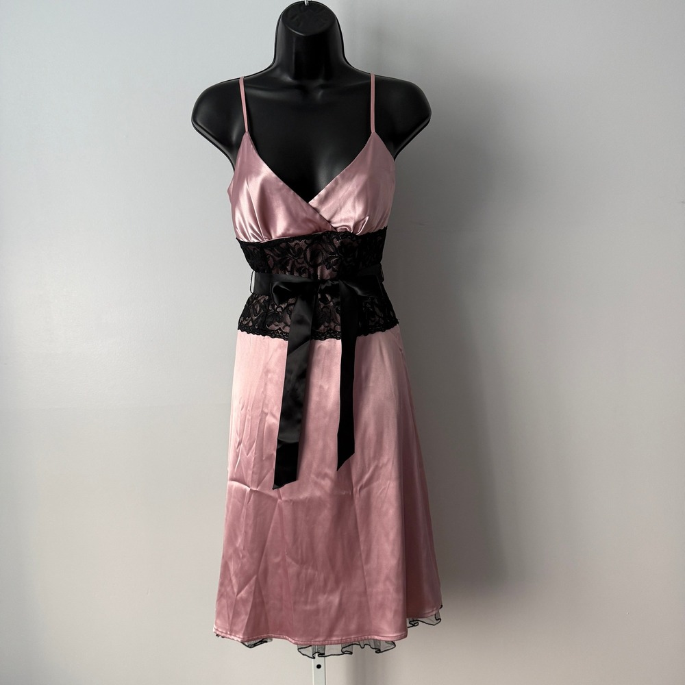 Y2k Trixxi 9 Pink Black Lace Dress Ribbon Waist Coquette Party Dress Whimsigoth‎
